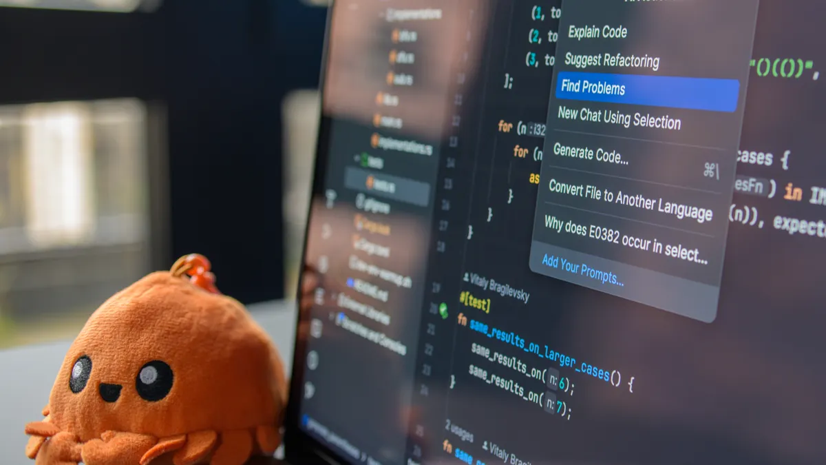 10 prompt templates and editor workflows to fix common AI content errors — Laptop with Code Editor and Plush Crab Toy